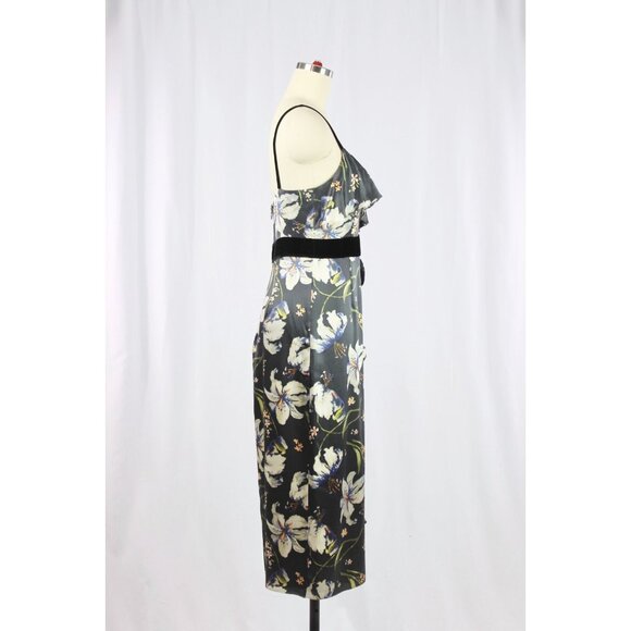 CINQ A SEPT Leena Floral Silk Charmeuse Ruffle Velvet Midi Sheath Dress, Size 2 - Picture 6 of 16